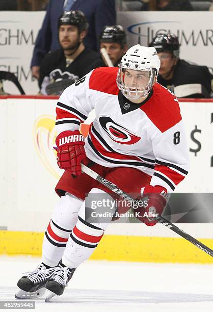 Andrei Loktionov of the Carolina Hurricanes skates against the Pittsburgh Penguins during the game at Consol Energy Center on April 1, 2014 in...