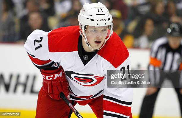 Drayson Bowman of the Carolina Hurricanes skates against the Pittsburgh Penguins during the game at Consol Energy Center on April 1, 2014 in...