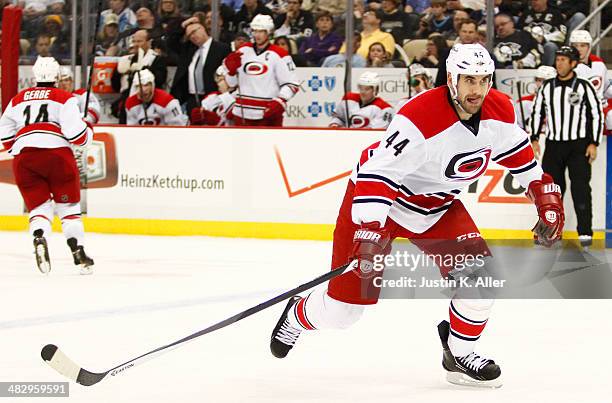 Jay Harrison of the Carolina Hurricanes skates against the Pittsburgh Penguins during the game at Consol Energy Center on April 1, 2014 in...