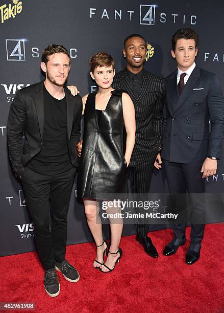 Actors Jamie Bell, Kate Mara, Michael B. Jordan, and Miles Teller attend the New York premiere of "Fantastic Four" at Williamsburg Cinemas on August...