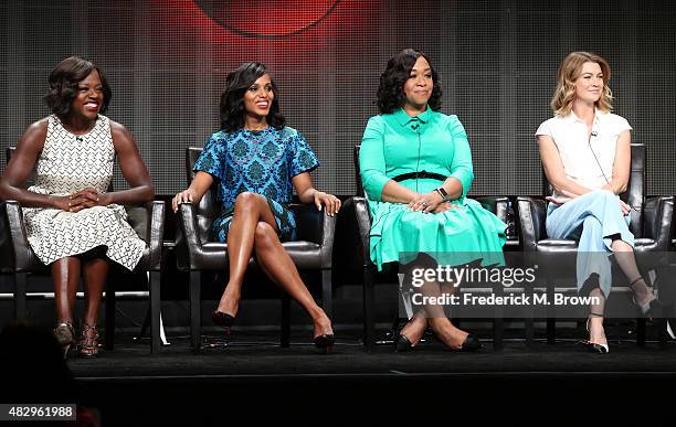 Actresses Viola Davis, Kerry Washington, executive producer Shonda Rhimes and actress Ellen Pompeo speak onstage during the 'Grey's Anatomy,'...