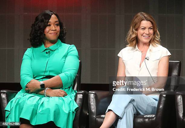 Executive producer Shonda Rhimes and actress Ellen Pompeo speak onstage during the 'Grey's Anatomy,' 'Scandal,' and 'How To Get Away With Murder'...
