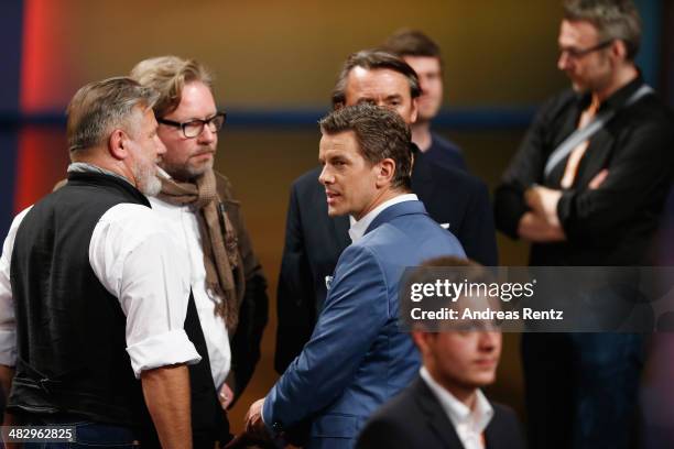 Host Markus Lanz speaks with ZDF team members after the 'Wetten, dass..?' tv show on April 5, 2014 in Offenburg, Germany.