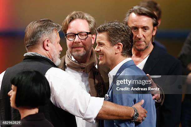 Host Markus Lanz speaks with ZDF team members after the 'Wetten, dass..?' tv show on April 5, 2014 in Offenburg, Germany.