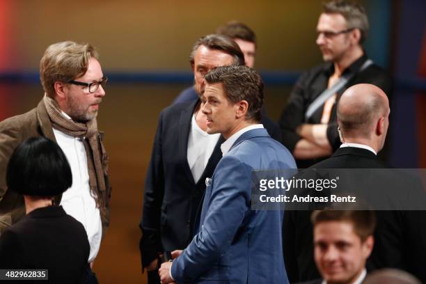 Host Markus Lanz speaks with ZDF team members after the 'Wetten, dass..?' tv show on April 5, 2014 in Offenburg, Germany.