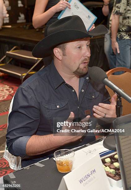 Recording artist Tate Stevens backstage at the Cumulus/Westwood One Radio Remotes during the 49th Annual Academy of Country Music Awards at the MGM...