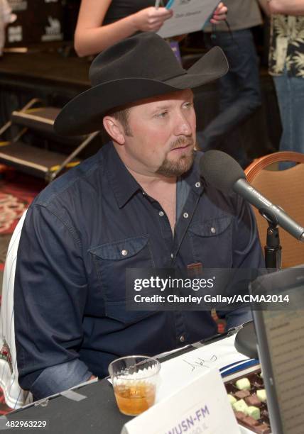 Recording artist Tate Stevens backstage at the Cumulus/Westwood One Radio Remotes during the 49th Annual Academy of Country Music Awards at the MGM...