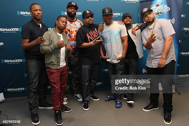 Corey Hawkins, Jason Mitchell, Ed Lover, Ice Cube, DJ Whoo Kid, F. Gary Gray and OÕShea Jackson Jr. Pose for a group photo for The Ed Lover Show on...