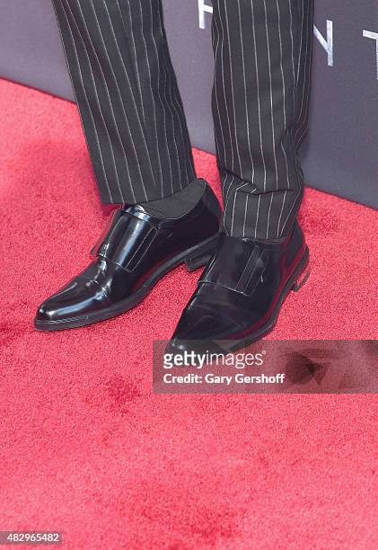 Actor Michael B. Jordan, shoe detail, attends the "Fantastic Four" New York Premiere - Inside Arrivals at Williamsburg Cinemas on August 4, 2015 in...