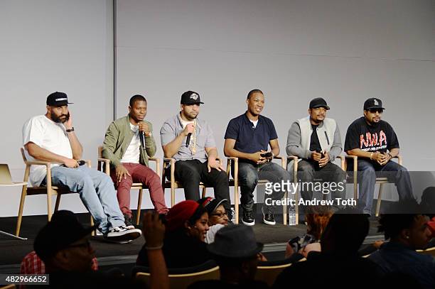 Ebro Darden, Jason Mitchell, O'Shea Jackson Jr, Corey Hawkins, F. Gary Gray, and Ice Cube speak on stage during Apple Store Soho presents Meet The...