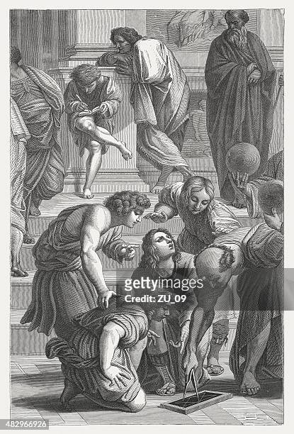 archimedes (school of athens) by raphael (italian painter), published 1878 - mathematician stock illustrations