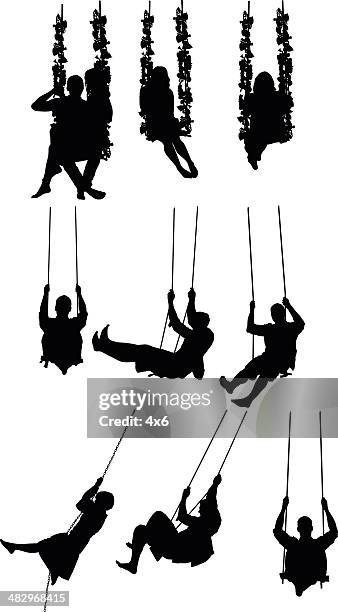 stockillustraties, clipart, cartoons en iconen met people swinging on rope swing - touwschommel