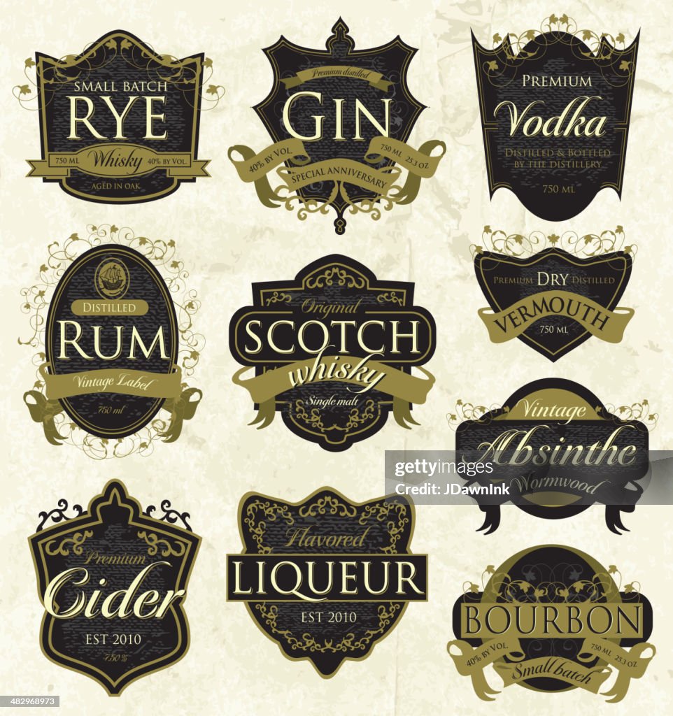 Whiskey, rum, scotch, bourbon, cider, Wermut, gin vintage-Likör Label