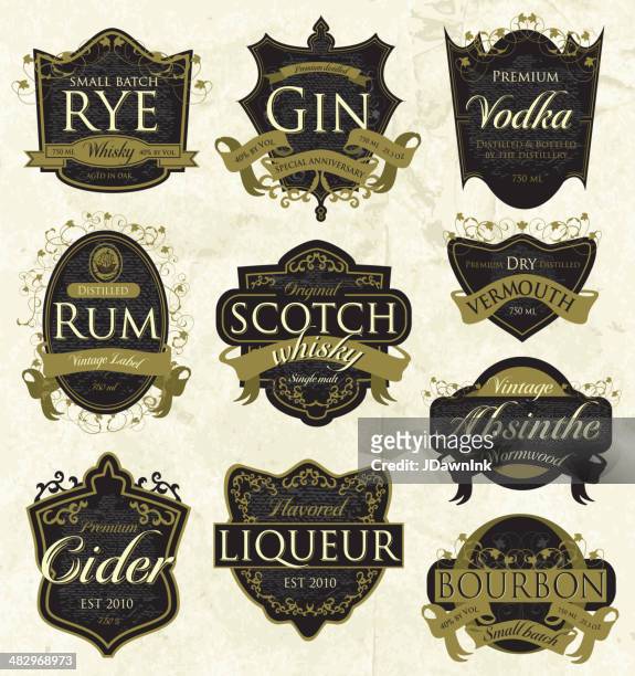 illustrazioni stock, clip art, cartoni animati e icone di tendenza di bourbon whisky, rum, scotch e gin, vermouth e sidro vintage etichette di bevande alcoliche - etichetta
