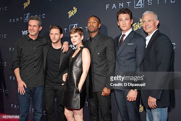 Writer Simon Kinberg, Jamie Bell, Kate Mara, Michael B. Jordan, Miles Teller, and producer Hutch Parker attend the "Fantastic Four" New York Premiere...