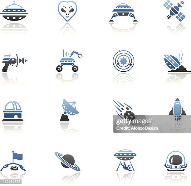blue alien icon set - robot character set stock illustrations