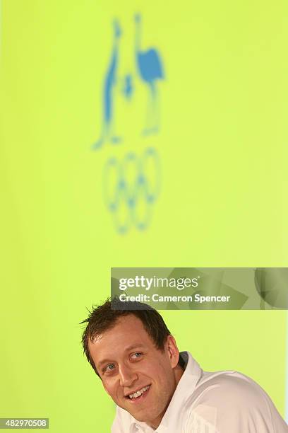 Australian basketballer Joe Ingles talks to media during an Australian Olympic press conference at Museum of Contemporary Art on August 5, 2015 in...