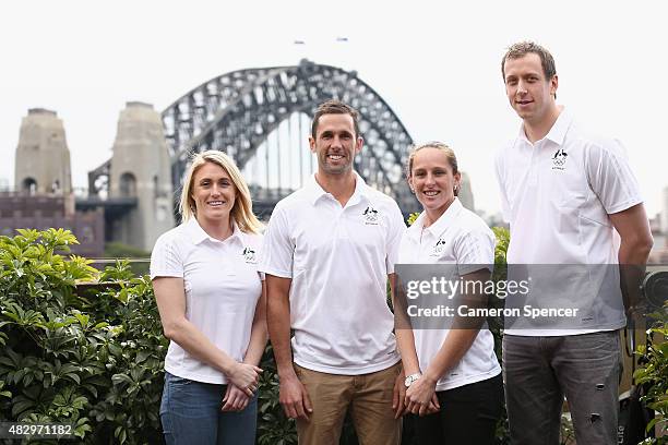 Australian athletes Sally Pearson, Mark Knowles, Madonna Blyth and Joe Ingles pose during an Australian Olympic press conference at Museum of...