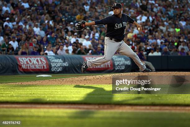 Starting pitcher Vidal Nuno of the Seattle Mariners delivers against the Colorado Rockies during interleague play at Coors Field on August 4, 2015 in...