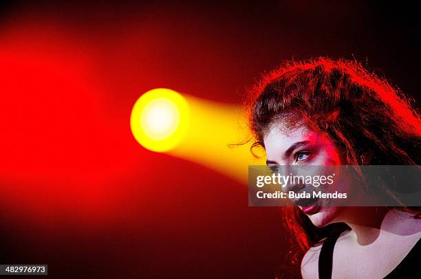 Lorde performs on stage during the 2014 Lollapalooza Brazil at Autodromo de Interlagos on April 5, 2014 in Sao Paulo, Brazil.