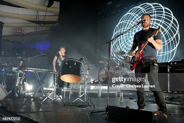 Musicians Kyle J Simmons, Dan Smith, Chris "Woody" Wood, and Will Farquarson of Bastille perform onstage during the Mercedes-Benz 2015 Evolution Tour...