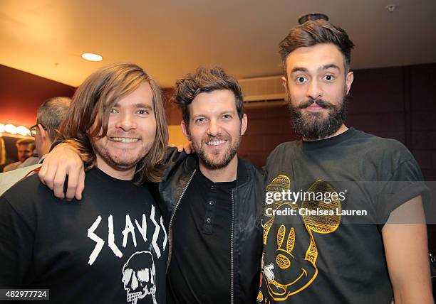 Musician Chris "Woody" Wood of Bastille, DJ Dillon Francis, and musician Kyle J Simmons of Bastille attend the Mercedes-Benz 2015 Evolution Tour on...