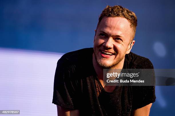 Dan Reynolds of Image Dragons performs on stage during the 2014 Lollapalooza Brazil at Autodromo de Interlagos on April 5, 2014 in Sao Paulo, Brazil.