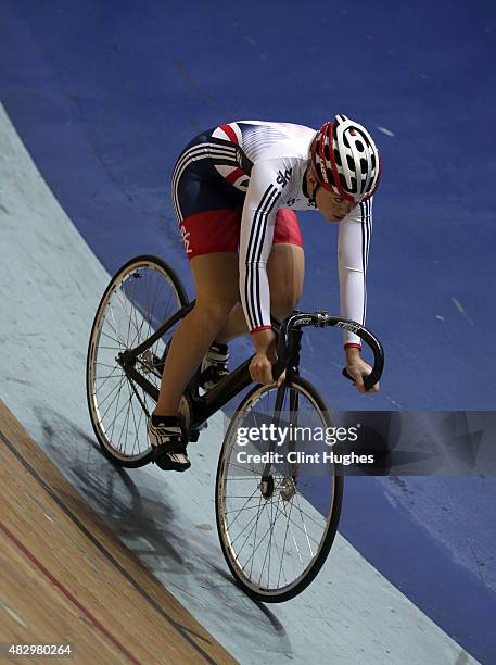 Jess Varnish during the Great Britain Cycling Team media day at the National Cycling Centre in Manchester on August 3, 2015 in Manchester, England.