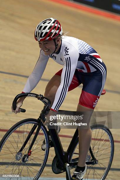 Jess Varnish during the Great Britain Cycling Team media day at the National Cycling Centre in Manchester on August 3, 2015 in Manchester, England.