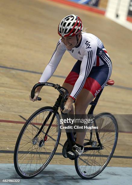 Jess Varnish during the Great Britain Cycling Team media day at the National Cycling Centre in Manchester on August 3, 2015 in Manchester, England.