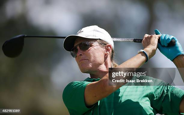 Former Olympian and television personality Bruce Jenner hits a tee shot during Aria Resort & Casino's 13th Annual Michael Jordan Celebrity...