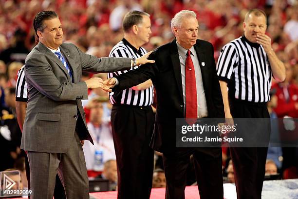 Head coach John Calipari of the Kentucky Wildcats meets head coach Bo Ryan of the Wisconsin Badgers before the start of the NCAA Men's Final Four...