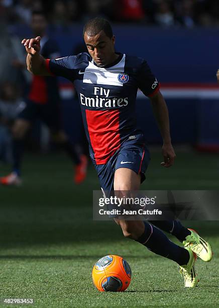 Lucas Moura of PSG in action during the french Ligue 1 match between Paris Saint-Germain FC and Stade de Reims at Parc des Princes stadium on April...