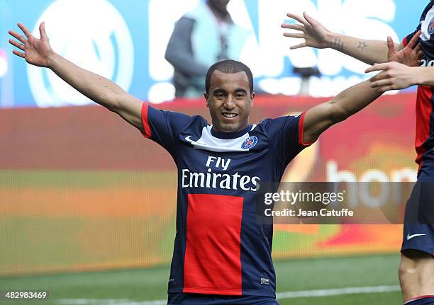 Lucas Moura of PSG celebrates the second goal during the french Ligue 1 match between Paris Saint-Germain FC and Stade de Reims at Parc des Princes...