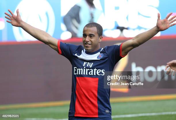 Lucas Moura of PSG celebrates the second goal during the french Ligue 1 match between Paris Saint-Germain FC and Stade de Reims at Parc des Princes...