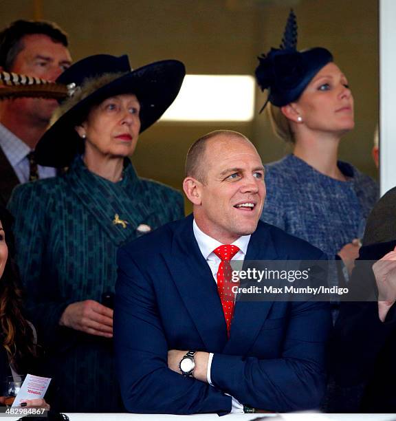 Princess Anne, The Princess Royal, Mike Tindall and Zara Phillips watch Mike Tindall's horse Monbeg Dude run in the Crabbie's Grand National horse...