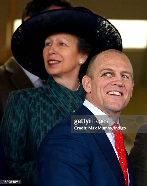 Princess Anne, The Princess Royal and Mike Tindall watch Mike Tindall's horse Monbeg Dude run in the Crabbie's Grand National horse race at Aintree...