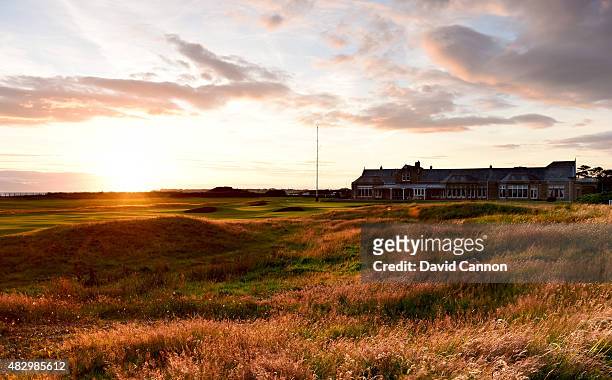 View of the Clubhouse and the green on the 457 yards par 4, 18th hole 'Craigend' at sunset on the Old Course at Royal Troon Golf Club the venue for...