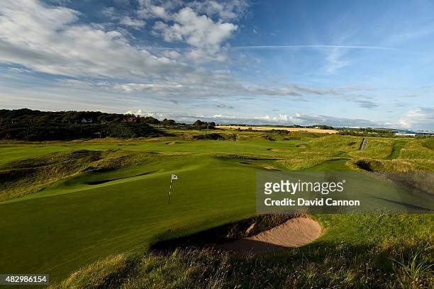 View from the sandhill beside the green on the 123 yards par 3, 8th hole 'Postage Stamp' on the Old Course at Royal Troon Golf Club the venue for the...