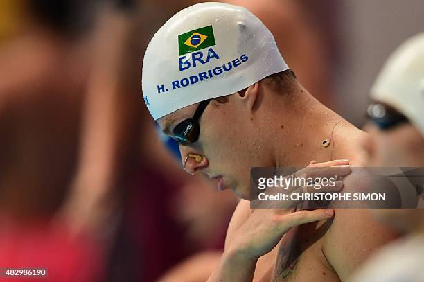 Brazil's Henrique Rodrigues prepares for the preliminary heats of the men's 200m individual medley swimming event at the 2015 FINA World...