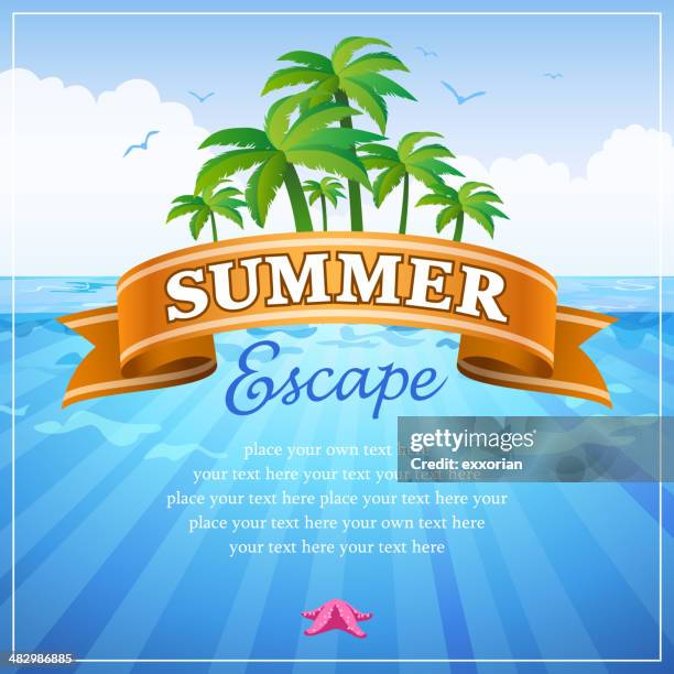 summer island escape with ribbon banner - water slide stock illustrations