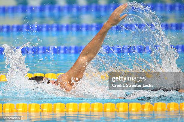 Mateo Gonzalez of Mexico competes in the Men's 200m Individual Medley heats on day twelve of the 16th FINA World Championships at the Kazan Arena on...