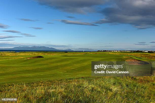 The green on the 222 yards par 3, 17th hole 'Rabbitt' with the Isle of Arran behind on the Old Course at Royal Troon the venue for the 2016 Open...