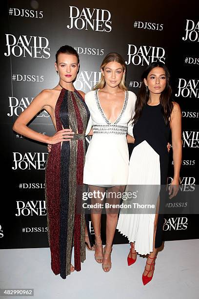 Models Montana Cox, Gigi Hadid and Jessica Gomes arrive ahead of the David Jones Spring/Summer 2015 Fashion Launch at David Jones Elizabeth Street...