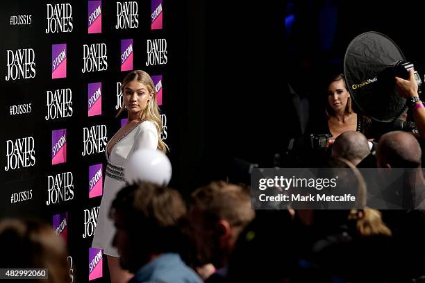 Model Gigi Hadid arrives ahead of the David Jones Spring/Summer 2015 Fashion Launch at David Jones Elizabeth Street Store on August 5, 2015 in...