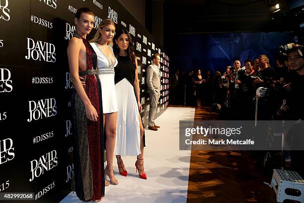 Models Montana Cox, Gigi Hadid and Jessica Gomes arrive ahead of the David Jones Spring/Summer 2015 Fashion Launch at David Jones Elizabeth Street...