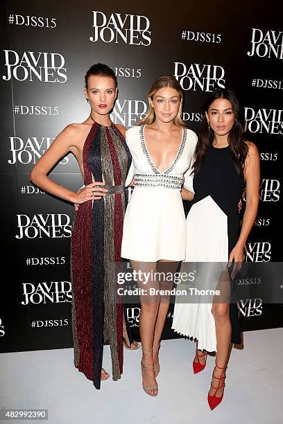 Models Montana Cox, Gigi Hadid and Jessica Gomes arrive ahead of the David Jones Spring/Summer 2015 Fashion Launch at David Jones Elizabeth Street...