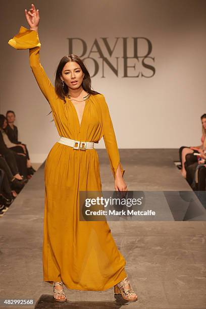 Jessica Gomes showcases designs by KITX during rehearsal ahead of the David Jones Spring/Summer 2015 Fashion Launch at David Jones Elizabeth Street...