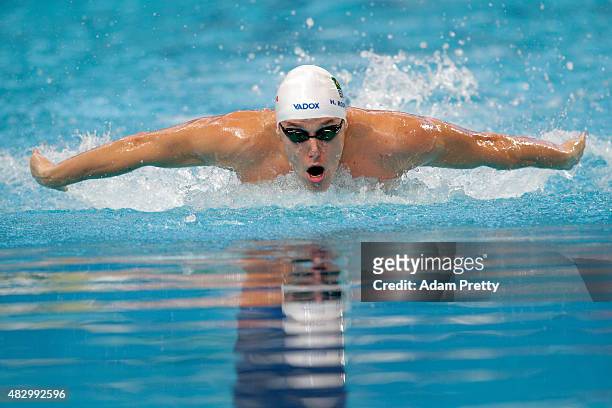 Henrique Rodrigues of Brazil competes in the Men's 200m Individual Medley on day twelve of the 16th FINA World Championships at the Kazan Arena on...