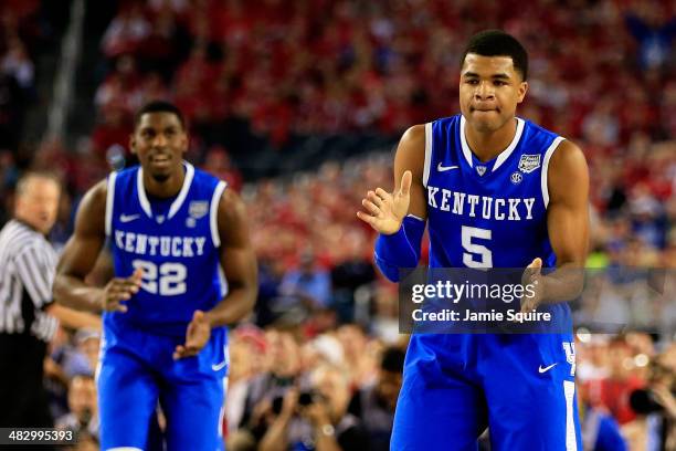 Andrew Harrison of the Kentucky Wildcats reacts during the NCAA Men's Final Four Semifinal against the Wisconsin Badgers at AT&T Stadium on April 5,...